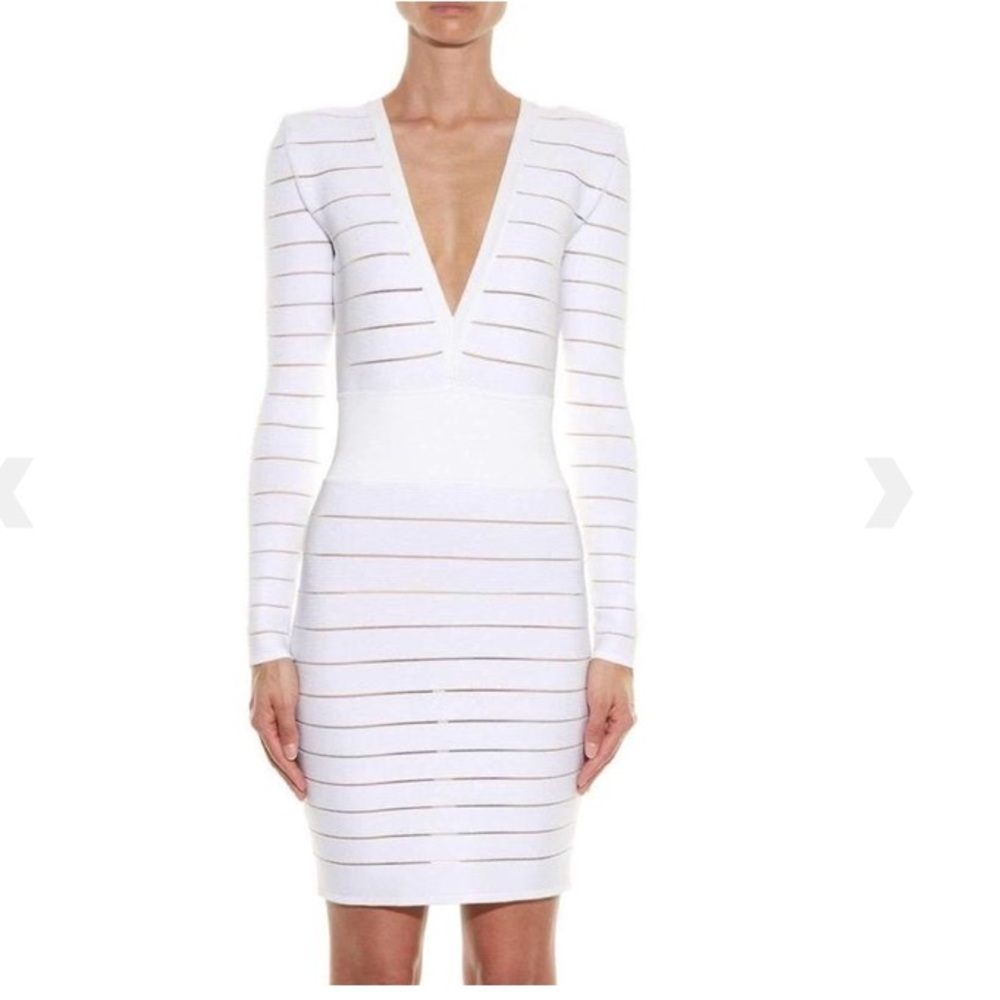 Balmain Deep V-Neck White Cocktail Knit Dress
